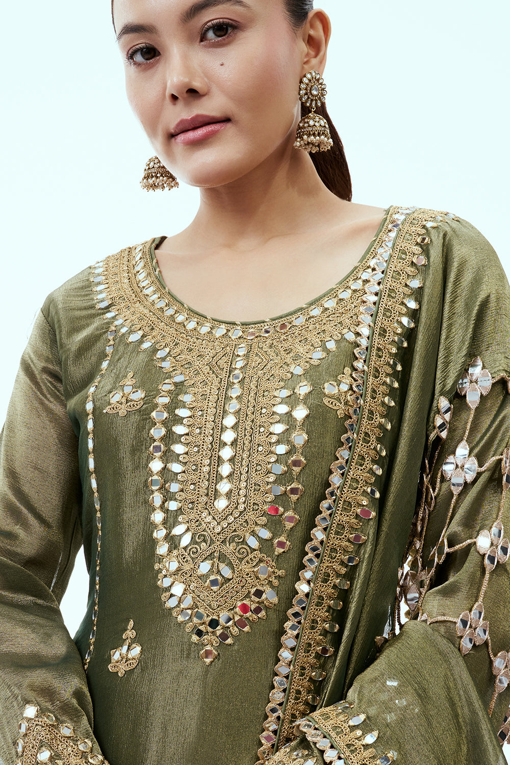 Olive Green Tissue Sharara Set with Mirror Work