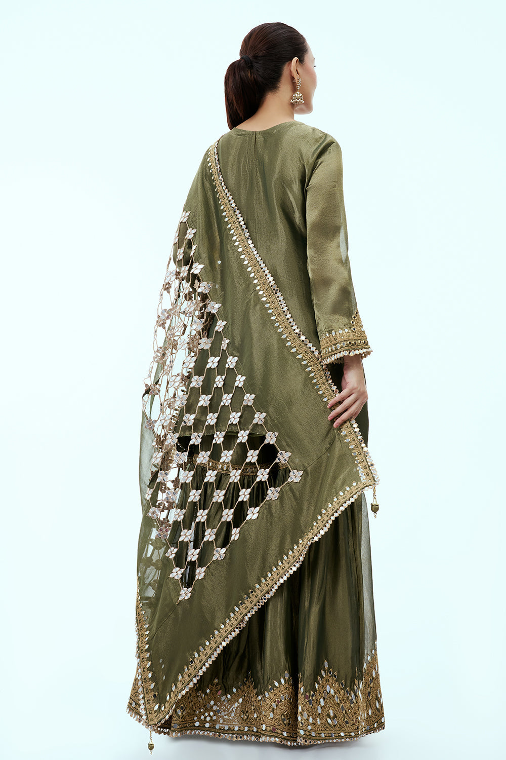 Olive Green Tissue Sharara Set with Mirror Work