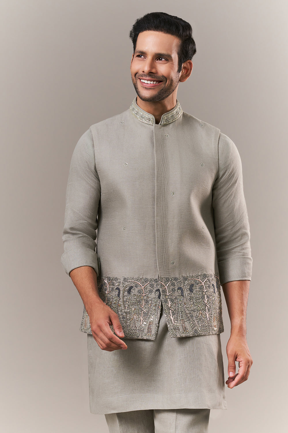 Olive Linen Mens Kurta Jacket Set with Cutdana and Sequins Work