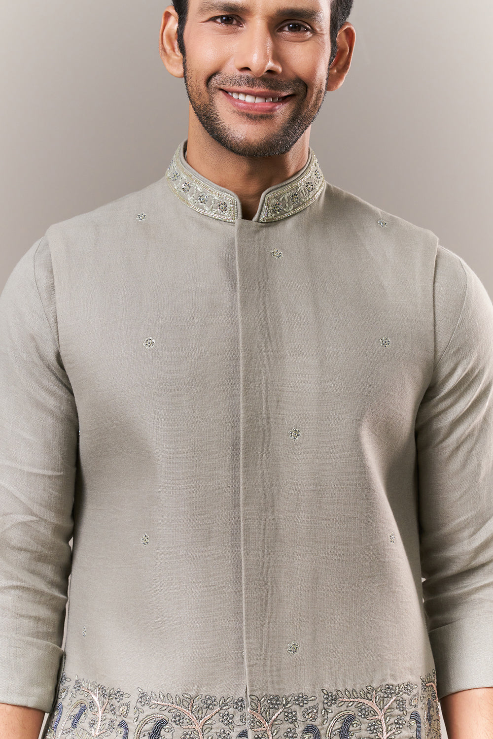 Olive Linen Mens Kurta Jacket Set with Cutdana and Sequins Work