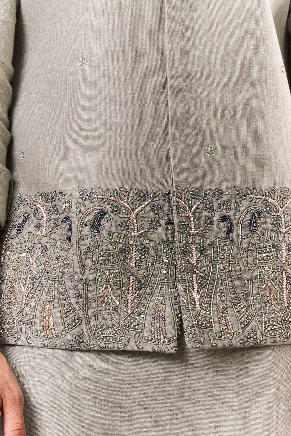 Olive Linen Mens Kurta Jacket Set with Cutdana and Sequins Work