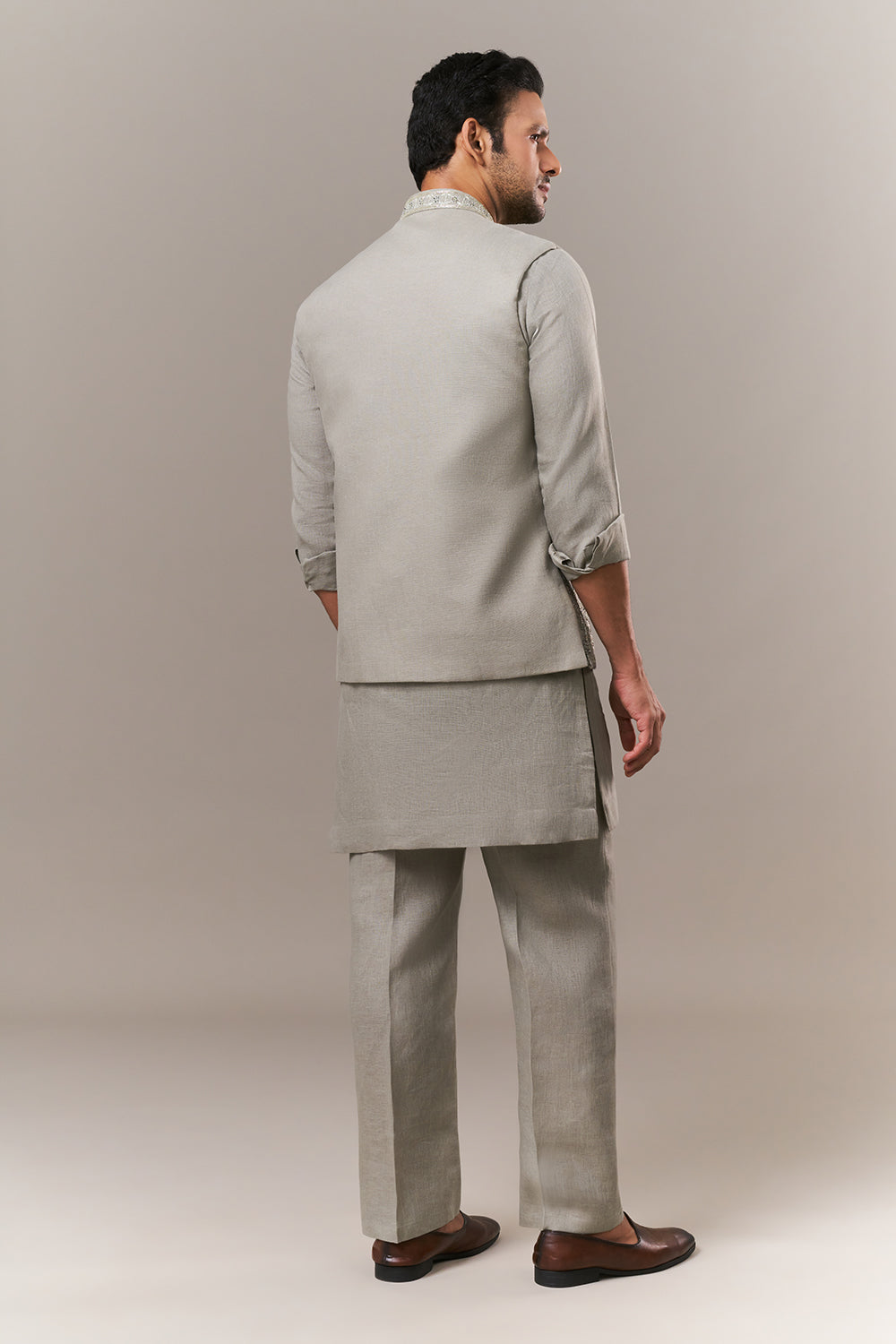Olive Linen Mens Kurta Jacket Set with Cutdana and Sequins Work