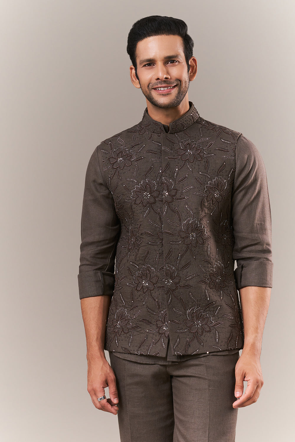 Olive Linen Short Mens Kurta Jacket Set with Cutdana and Sequins Work