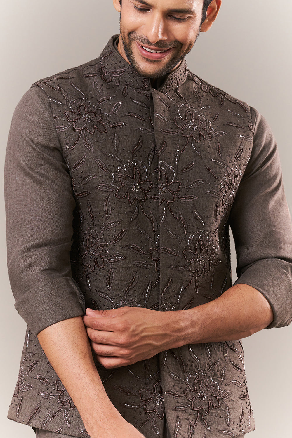 Olive Linen Short Mens Kurta Jacket Set with Cutdana and Sequins Work