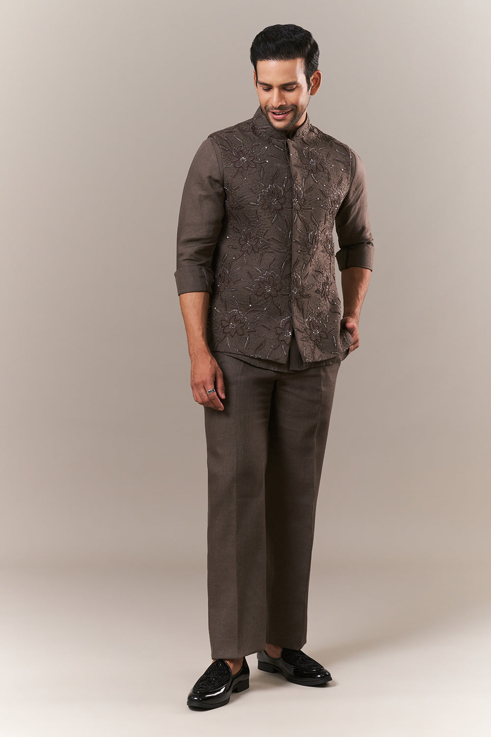 Olive Linen Short Mens Kurta Jacket Set with Cutdana and Sequins Work