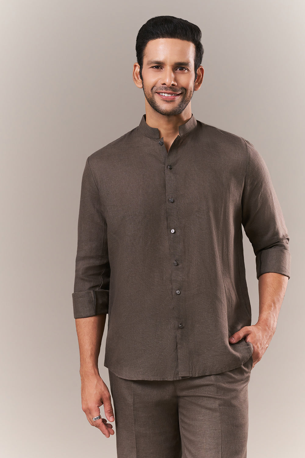 Olive Linen Short Mens Kurta Jacket Set with Cutdana and Sequins Work