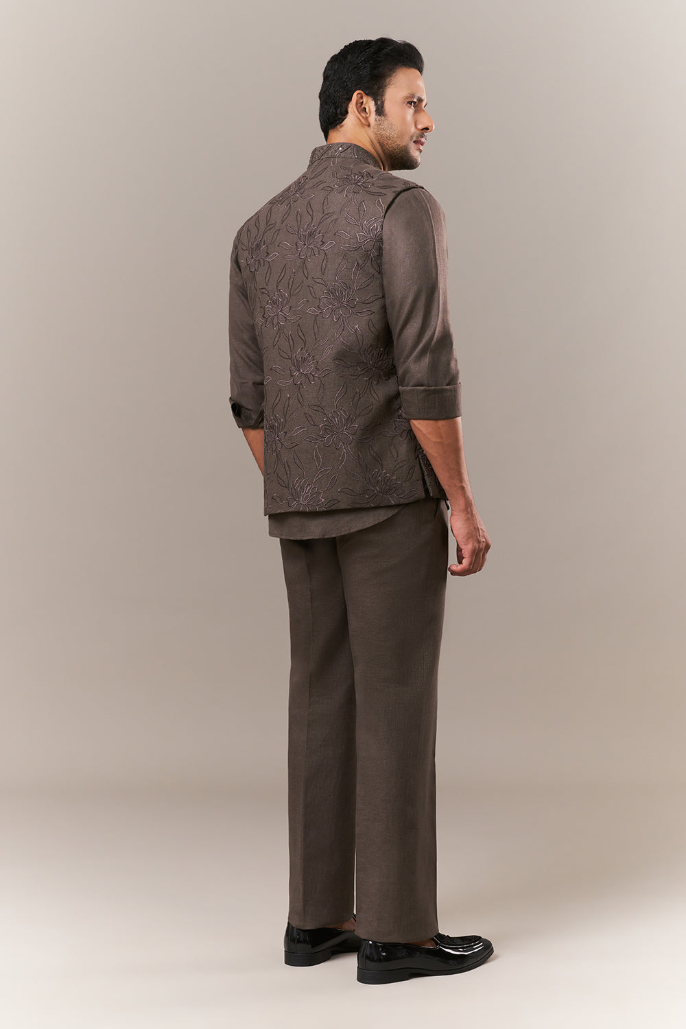 Olive Linen Short Mens Kurta Jacket Set with Cutdana and Sequins Work
