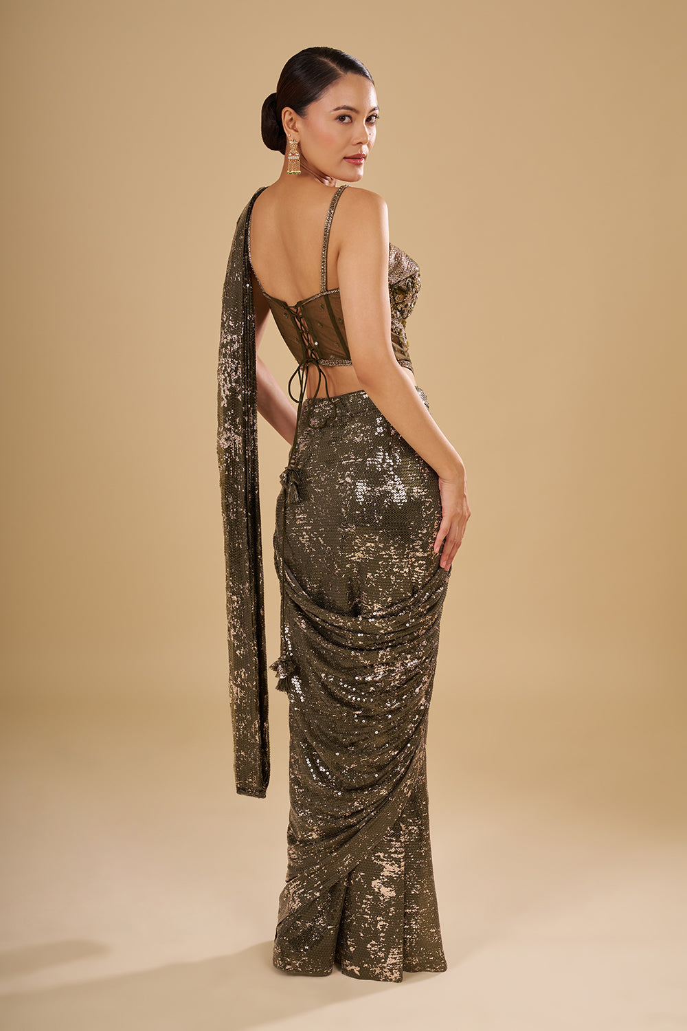 Olive Chiffon Saree with Cutdana Embroidered Blouse