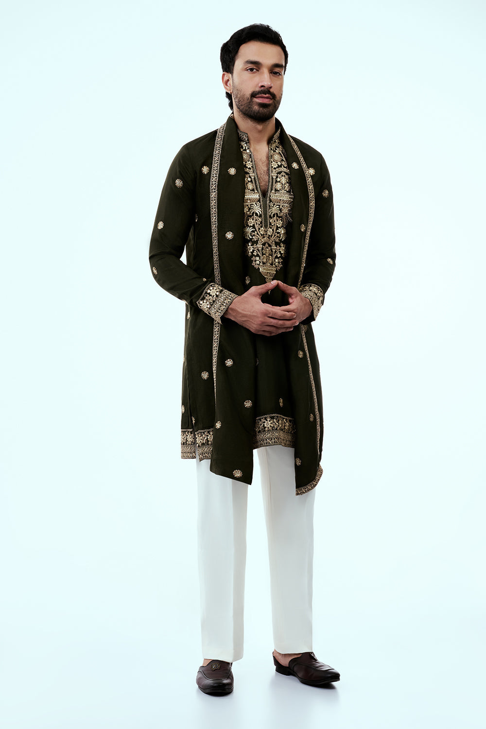 Olive Art Silk Mens Kurta Set with Mirror Work and Zari Embroidery