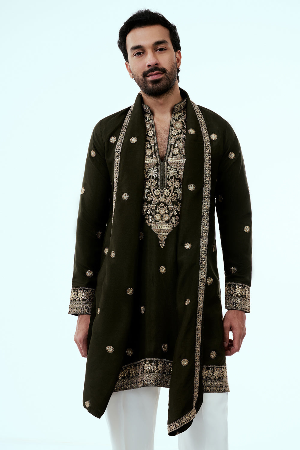 Olive Art Silk Mens Kurta Set with Mirror Work and Zari Embroidery