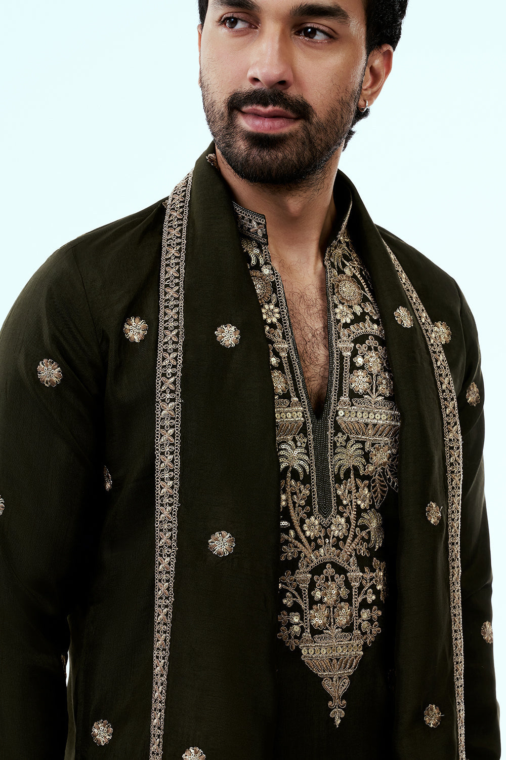 Olive Art Silk Mens Kurta Set with Mirror Work and Zari Embroidery