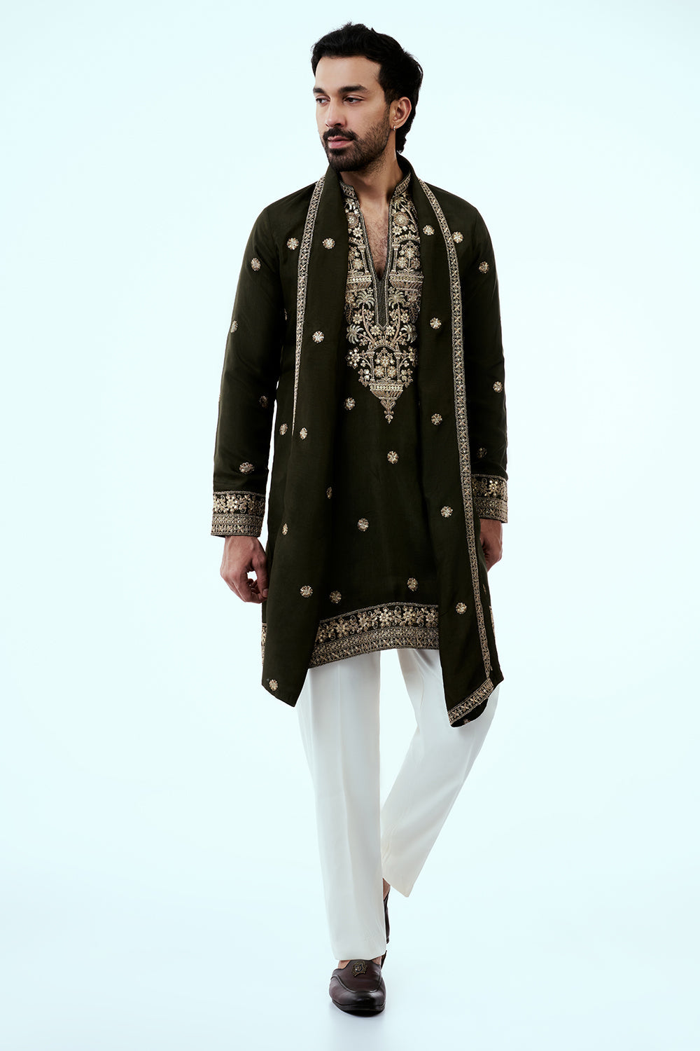 Olive Art Silk Mens Kurta Set with Mirror Work and Zari Embroidery