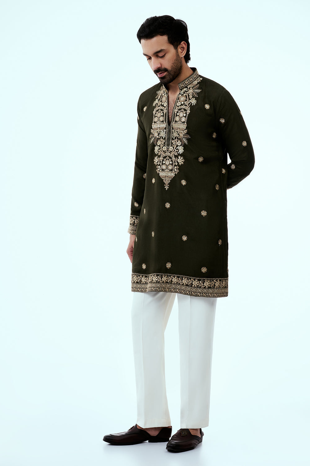 Olive Art Silk Mens Kurta Set with Mirror Work and Zari Embroidery