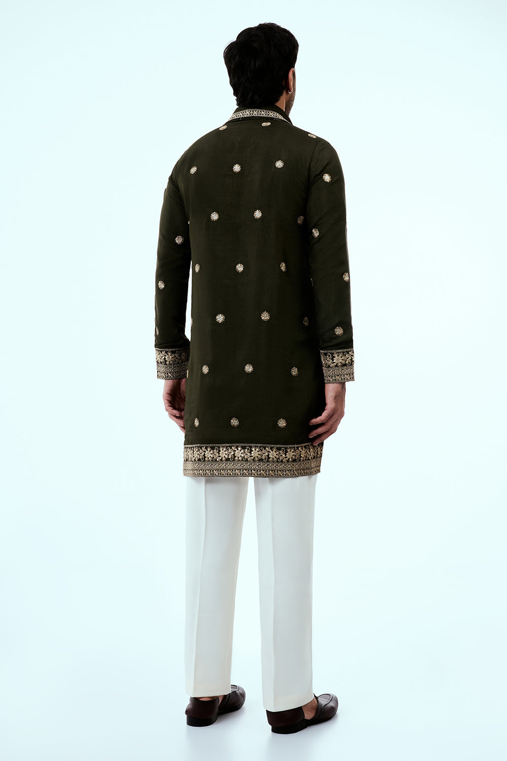 Olive Art Silk Mens Kurta Set with Mirror Work and Zari Embroidery