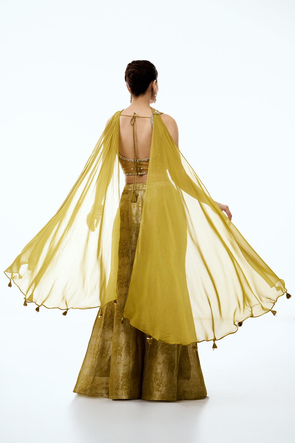 Olive Yellow Tissue Indo Western Set with Sequins and Cutdana Work