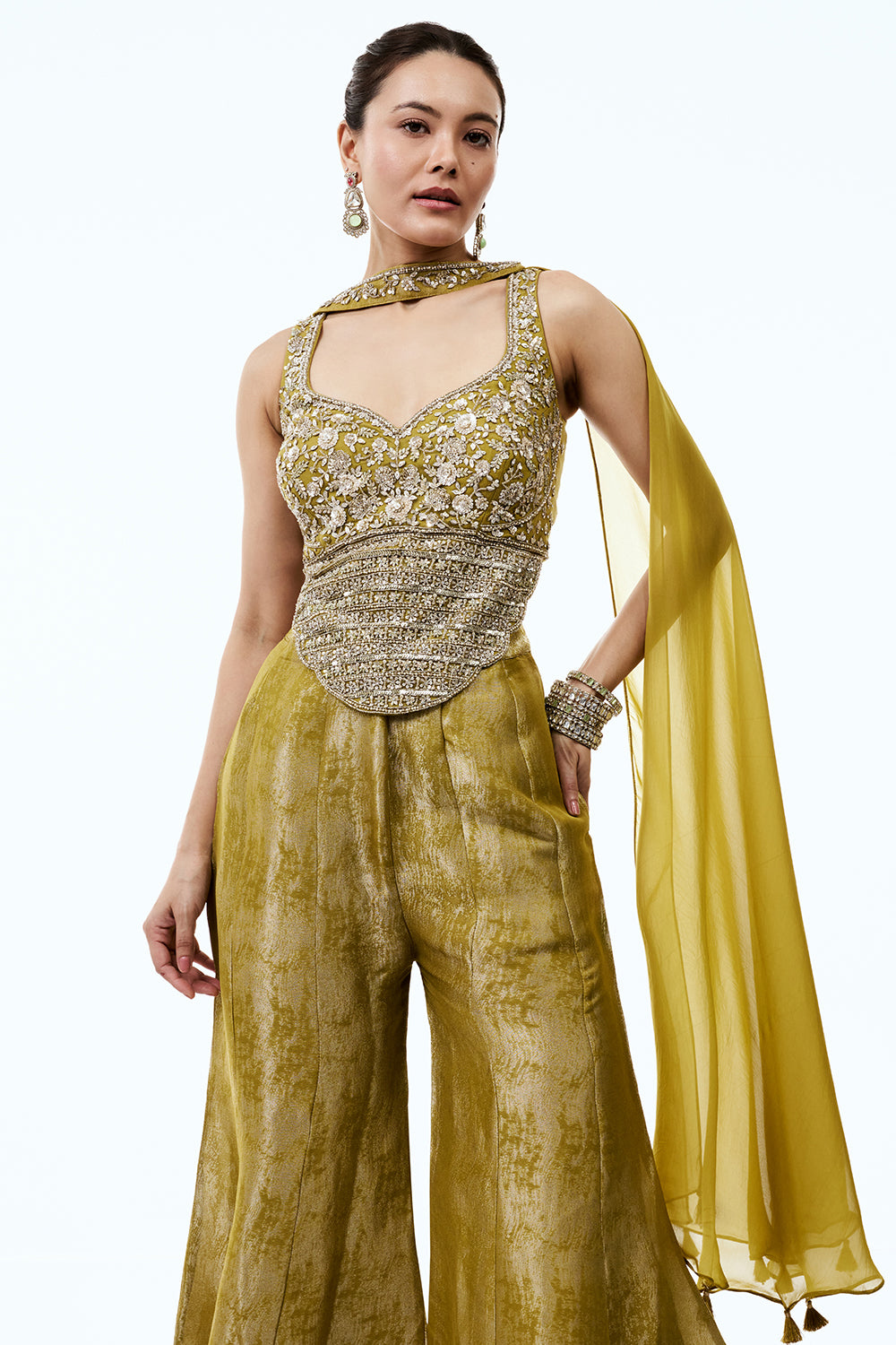 Olive Yellow Tissue Indo Western Set with Sequins and Cutdana Work