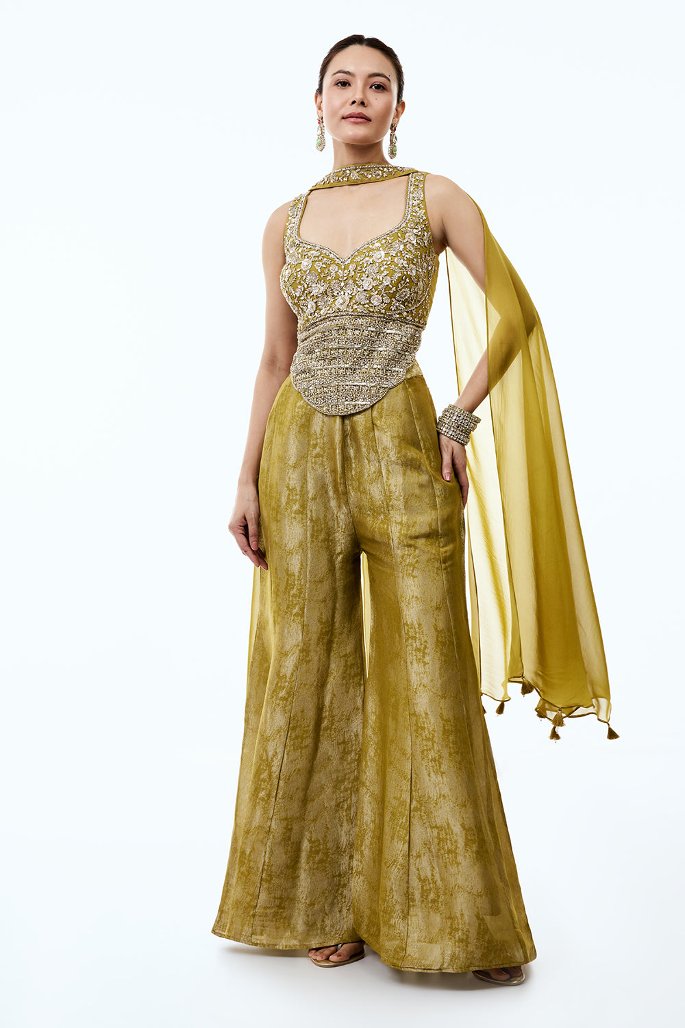 Olive Yellow Tissue Indo Western Set with Sequins and Cutdana Work
