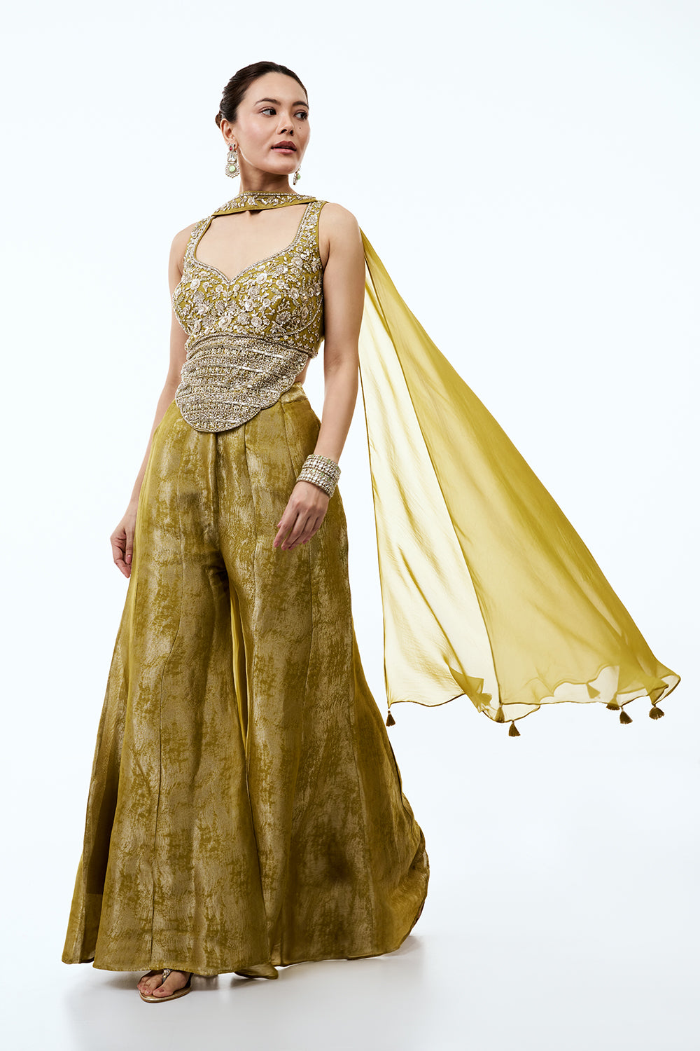 Olive Yellow Tissue Indo Western Set with Sequins and Cutdana Work
