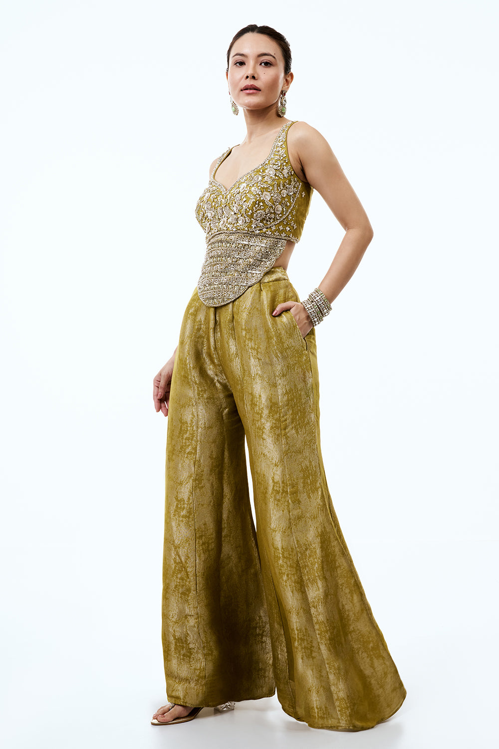 Olive Yellow Tissue Indo Western Set with Sequins and Cutdana Work