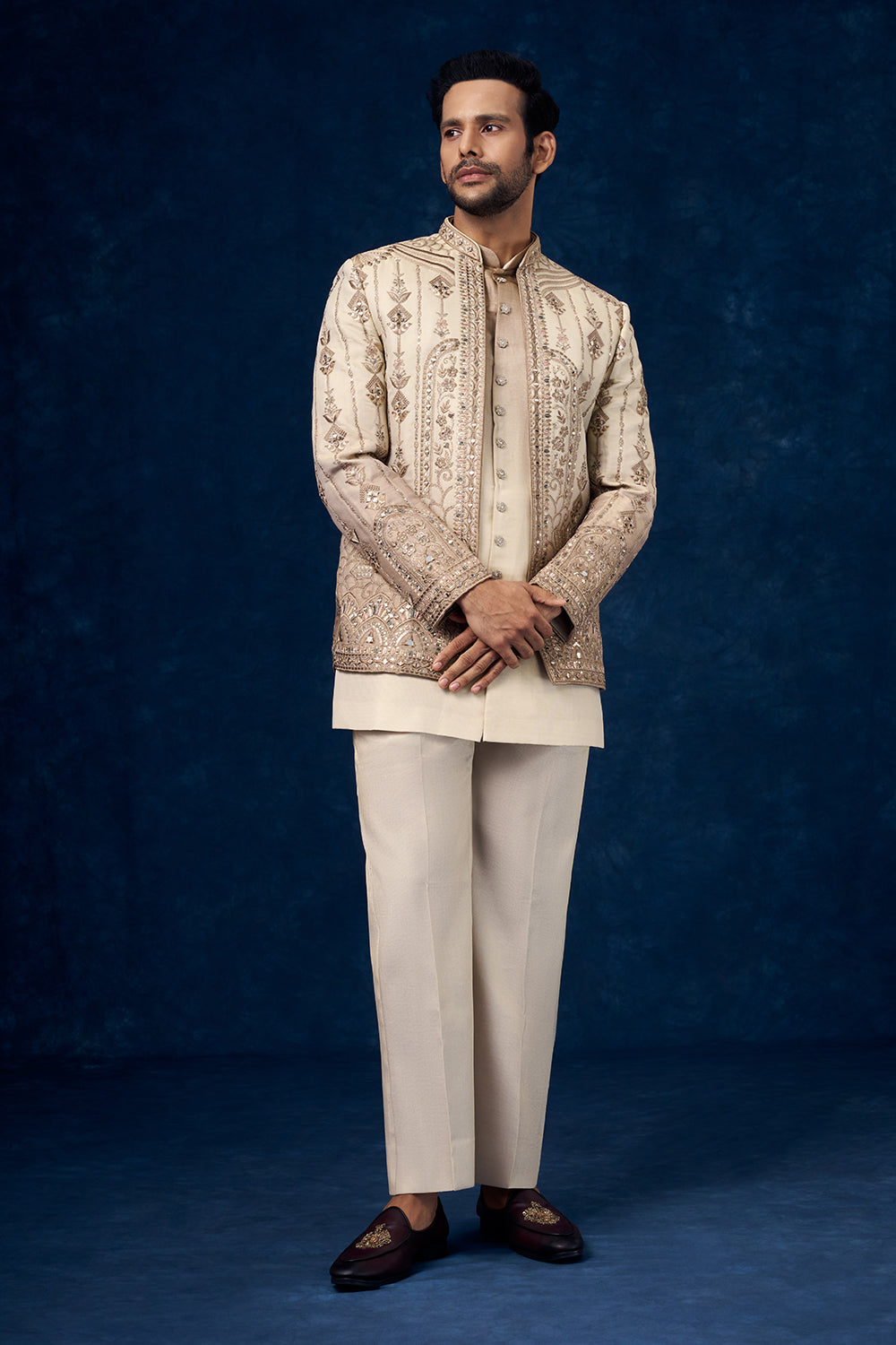 Ombre Beige Raw Silk Mens Jodhpuri Set with Resham and Zari Work