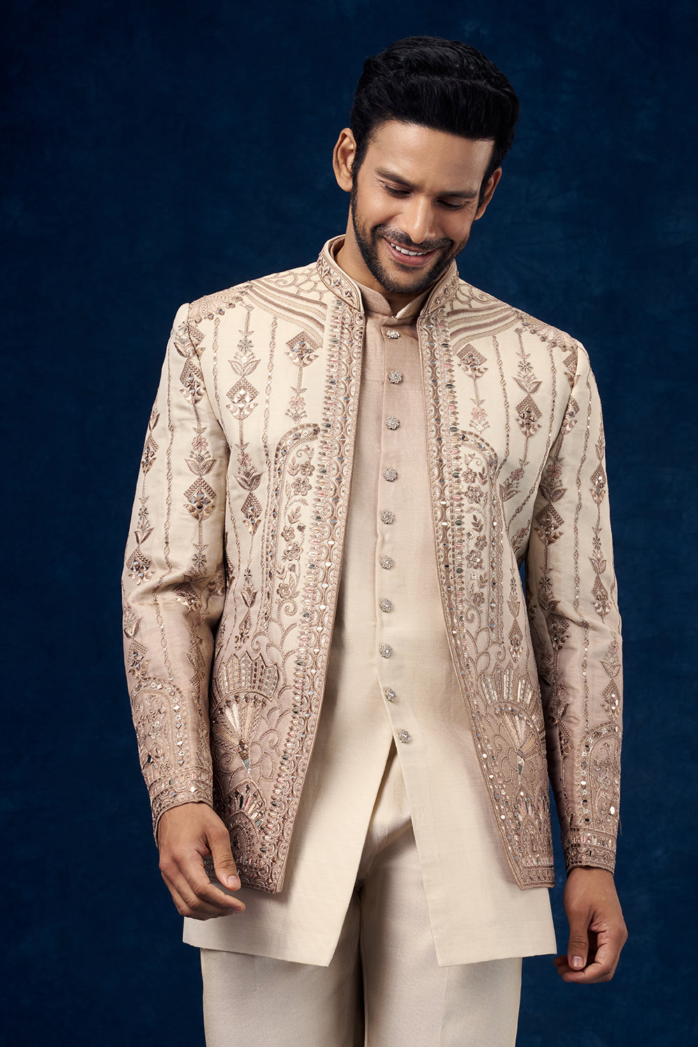 Ombre Beige Raw Silk Mens Jodhpuri Set with Resham and Zari Work