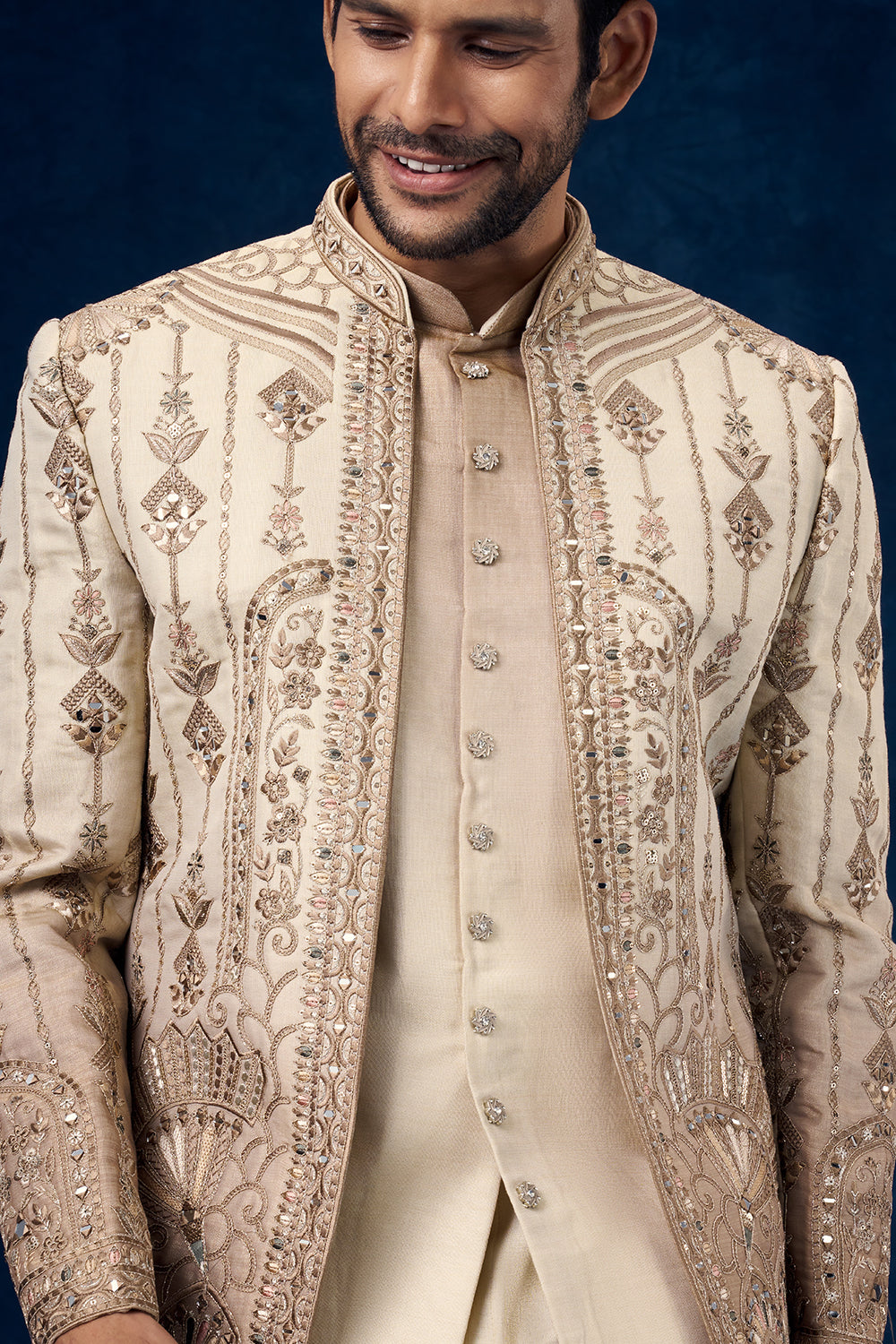 Ombre Beige Raw Silk Mens Jodhpuri Set with Resham and Zari Work