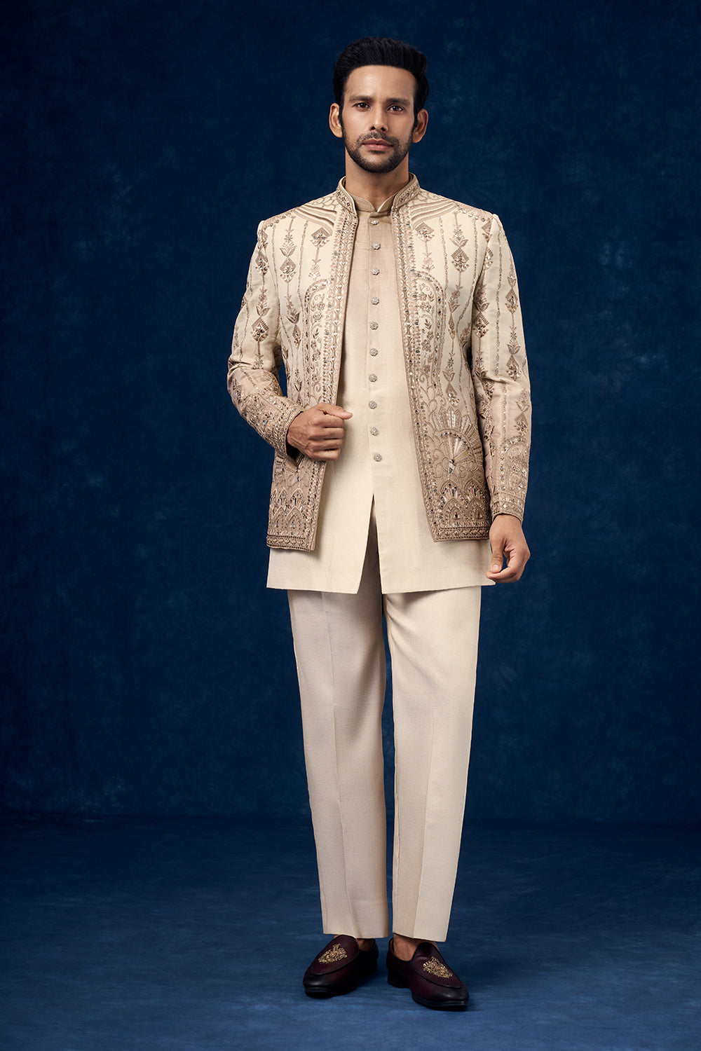Ombre Beige Raw Silk Mens Jodhpuri Set with Resham and Zari Work