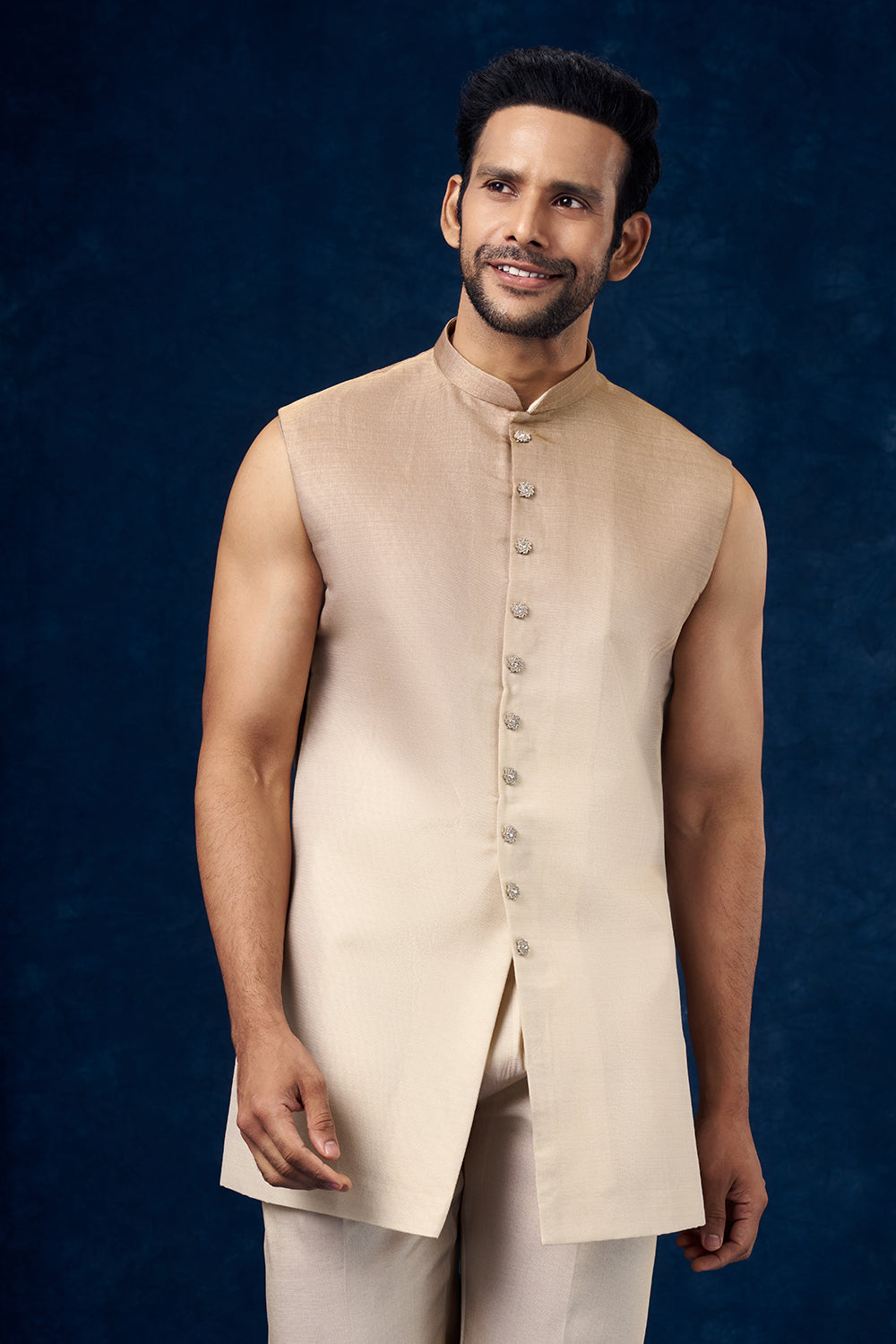 Ombre Beige Raw Silk Mens Jodhpuri Set with Resham and Zari Work