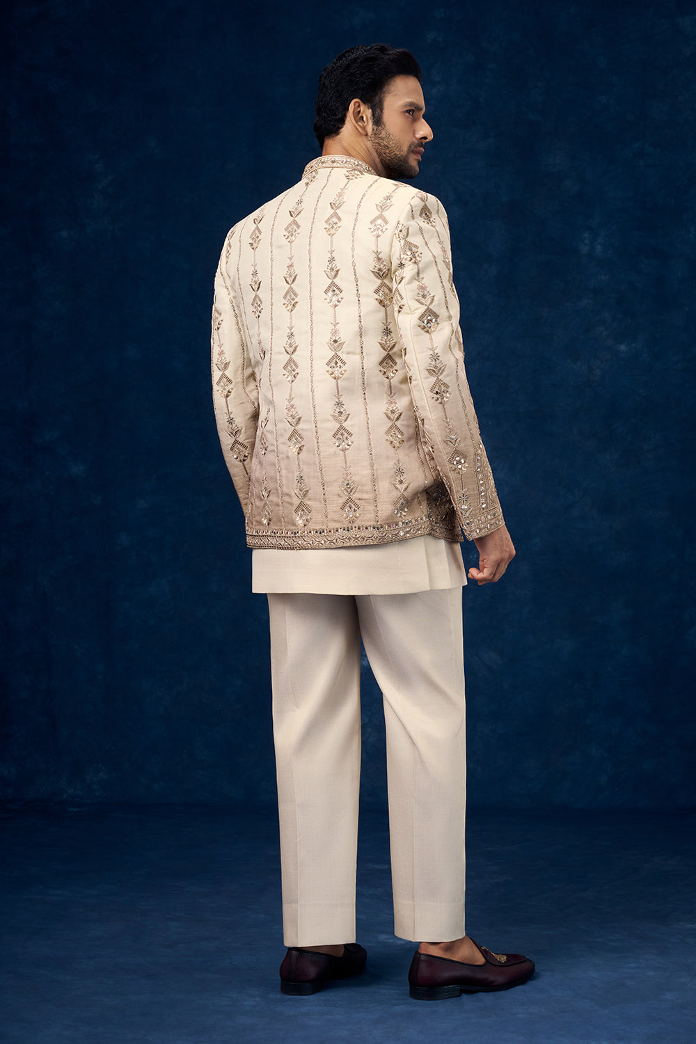 Ombre Beige Raw Silk Mens Jodhpuri Set with Resham and Zari Work