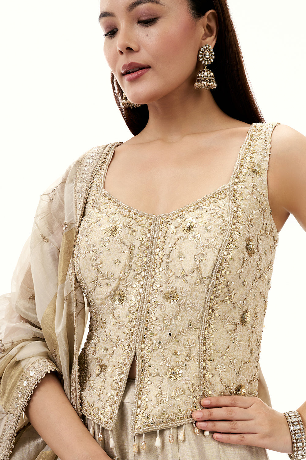 Ombre Cream and Golden Tissue Silk Lehenga with Mirror and Cutdana Work