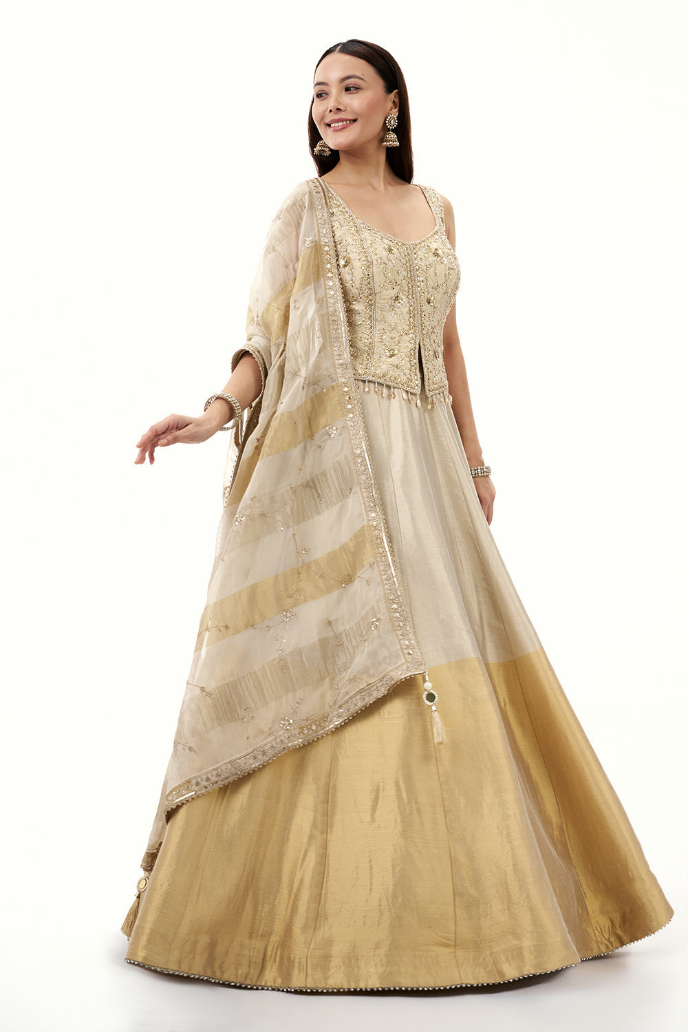 Ombre Cream and Golden Tissue Silk Lehenga with Mirror and Cutdana Work