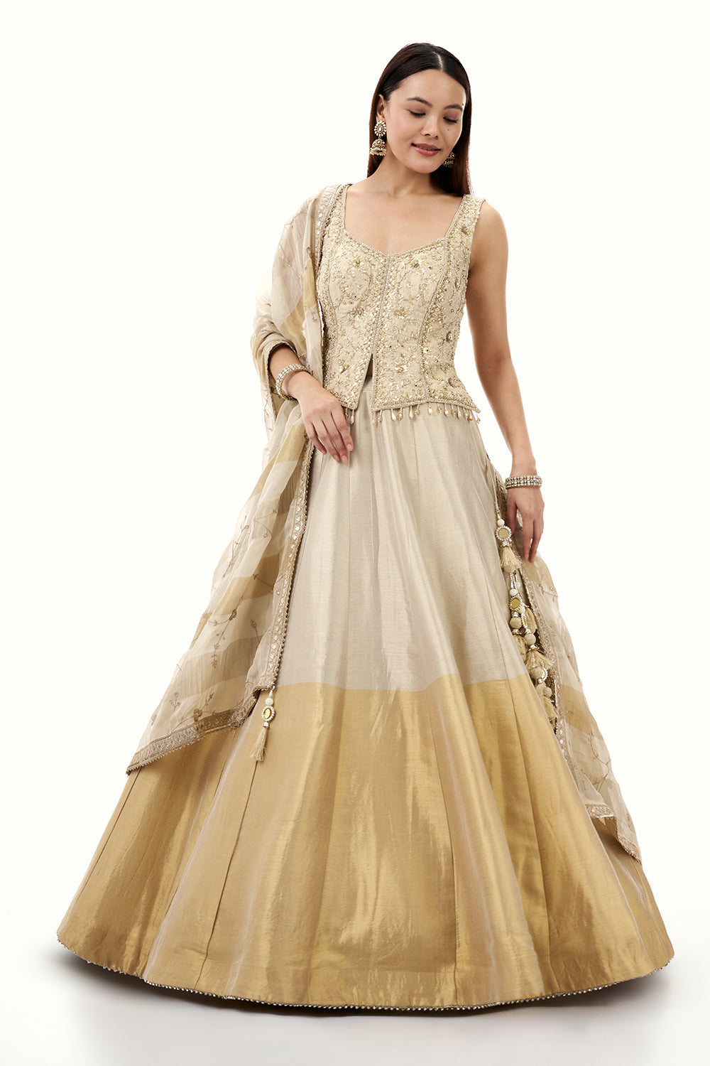 Ombre Cream and Golden Tissue Silk Lehenga with Mirror and Cutdana Work