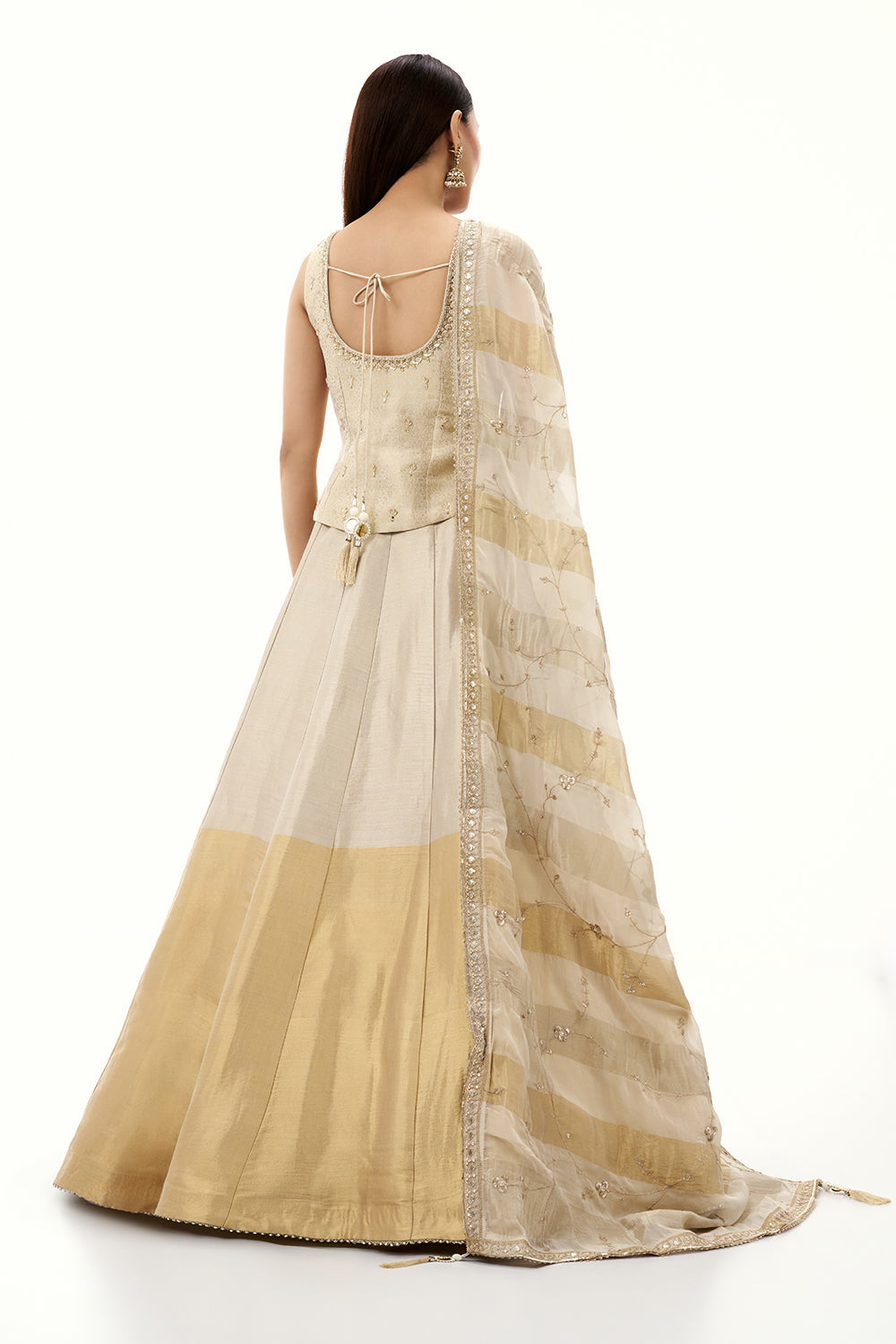 Ombre Cream and Golden Tissue Silk Lehenga with Mirror and Cutdana Work