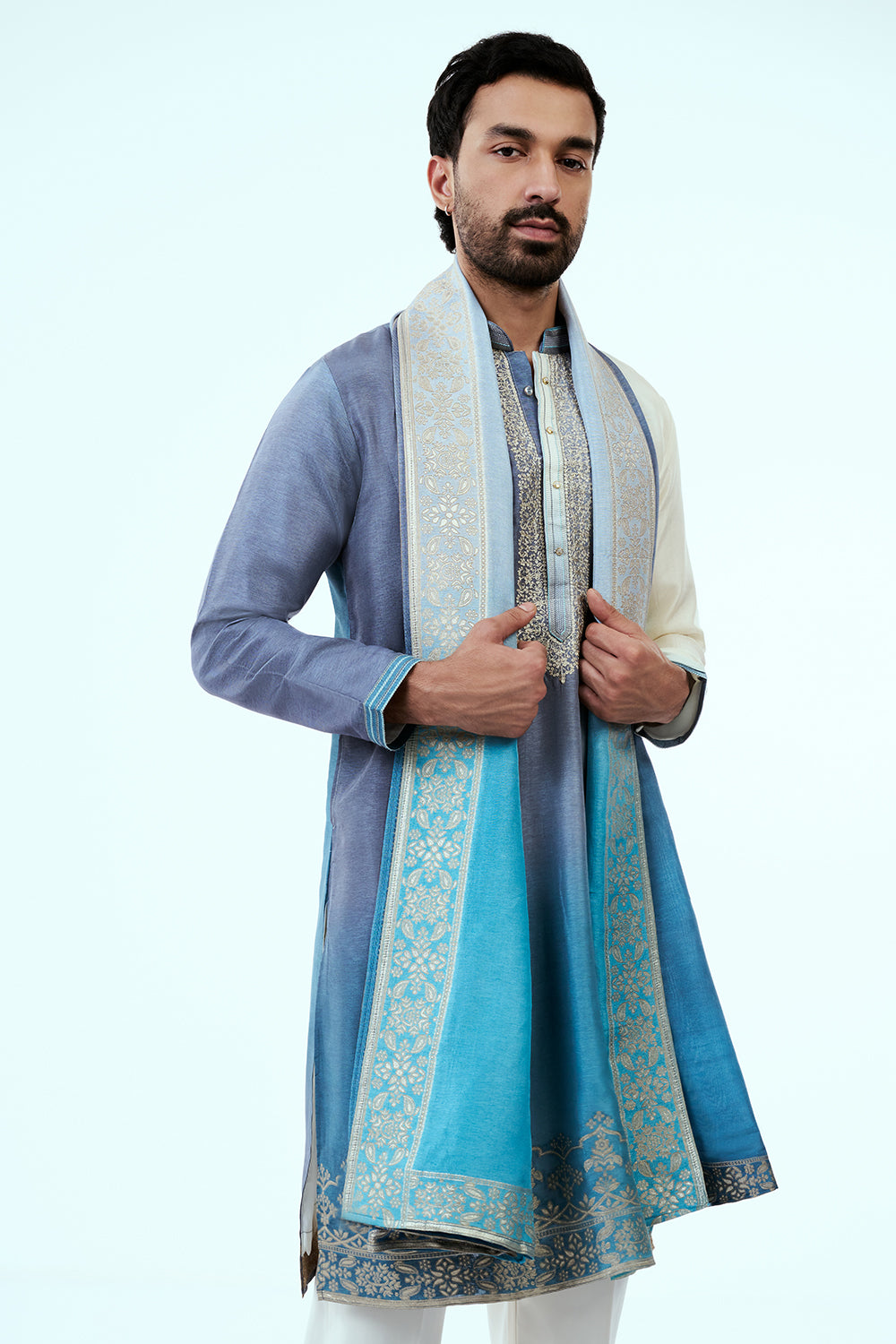 Ombre Firozi Dupion Silk Mens Kurta Set with Intricate Zari Embroidery
