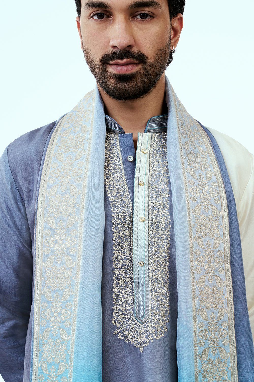 Ombre Firozi Dupion Silk Mens Kurta Set with Intricate Zari Embroidery