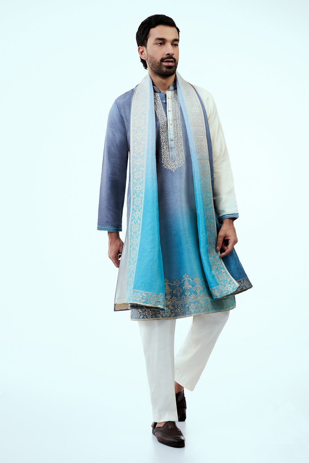 Ombre Firozi Dupion Silk Mens Kurta Set with Intricate Zari Embroidery