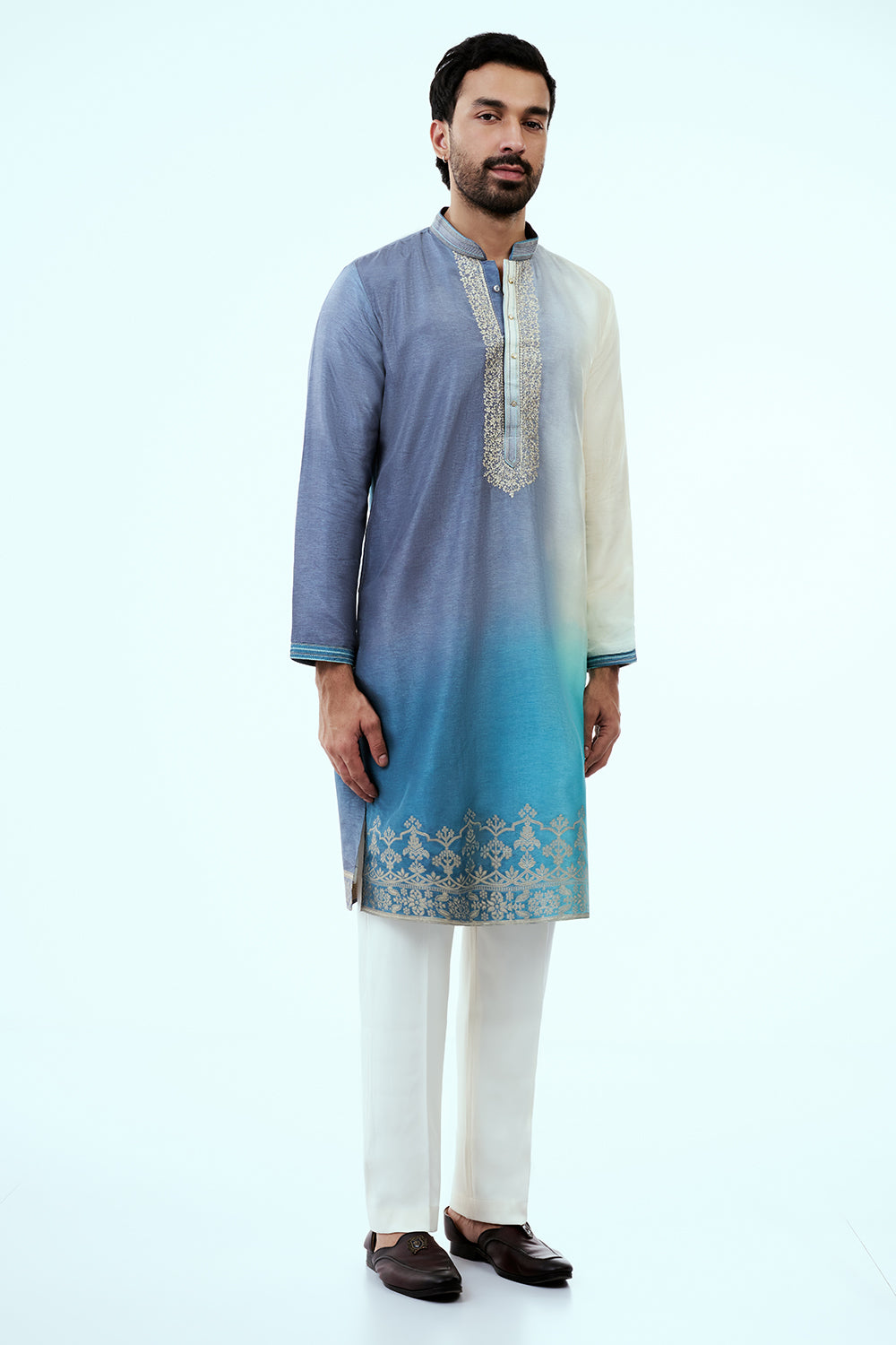 Ombre Firozi Dupion Silk Mens Kurta Set with Intricate Zari Embroidery