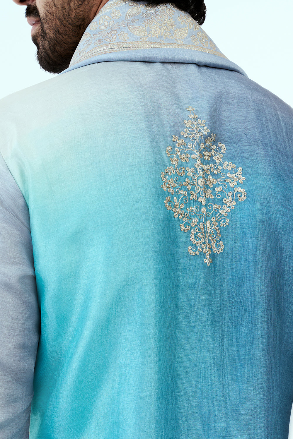 Ombre Firozi Dupion Silk Mens Kurta Set with Intricate Zari Embroidery
