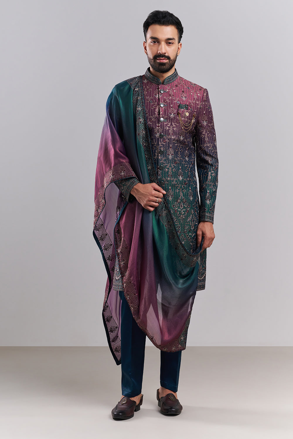 Ombré Green Tissue Silk Embroidered Sherwani
