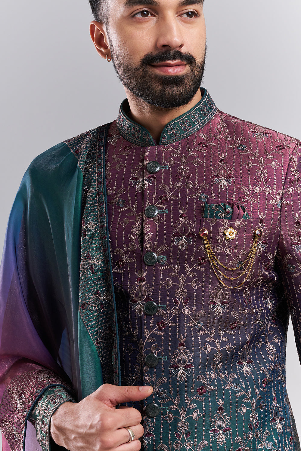 Ombré Green Tissue Silk Embroidered Sherwani