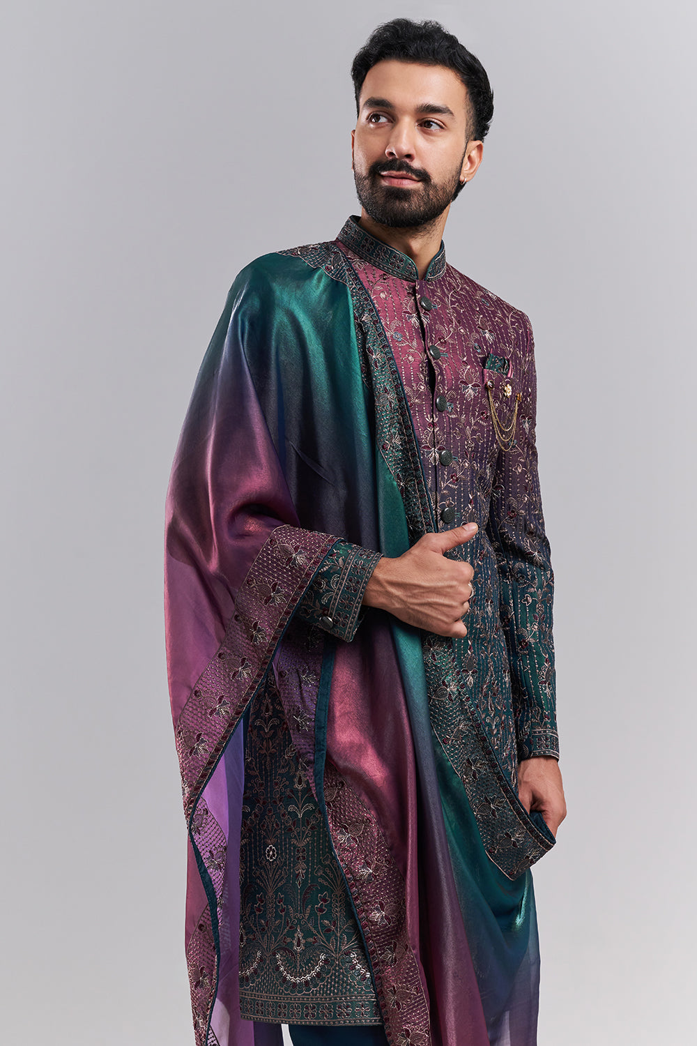 Ombré Green Tissue Silk Embroidered Sherwani