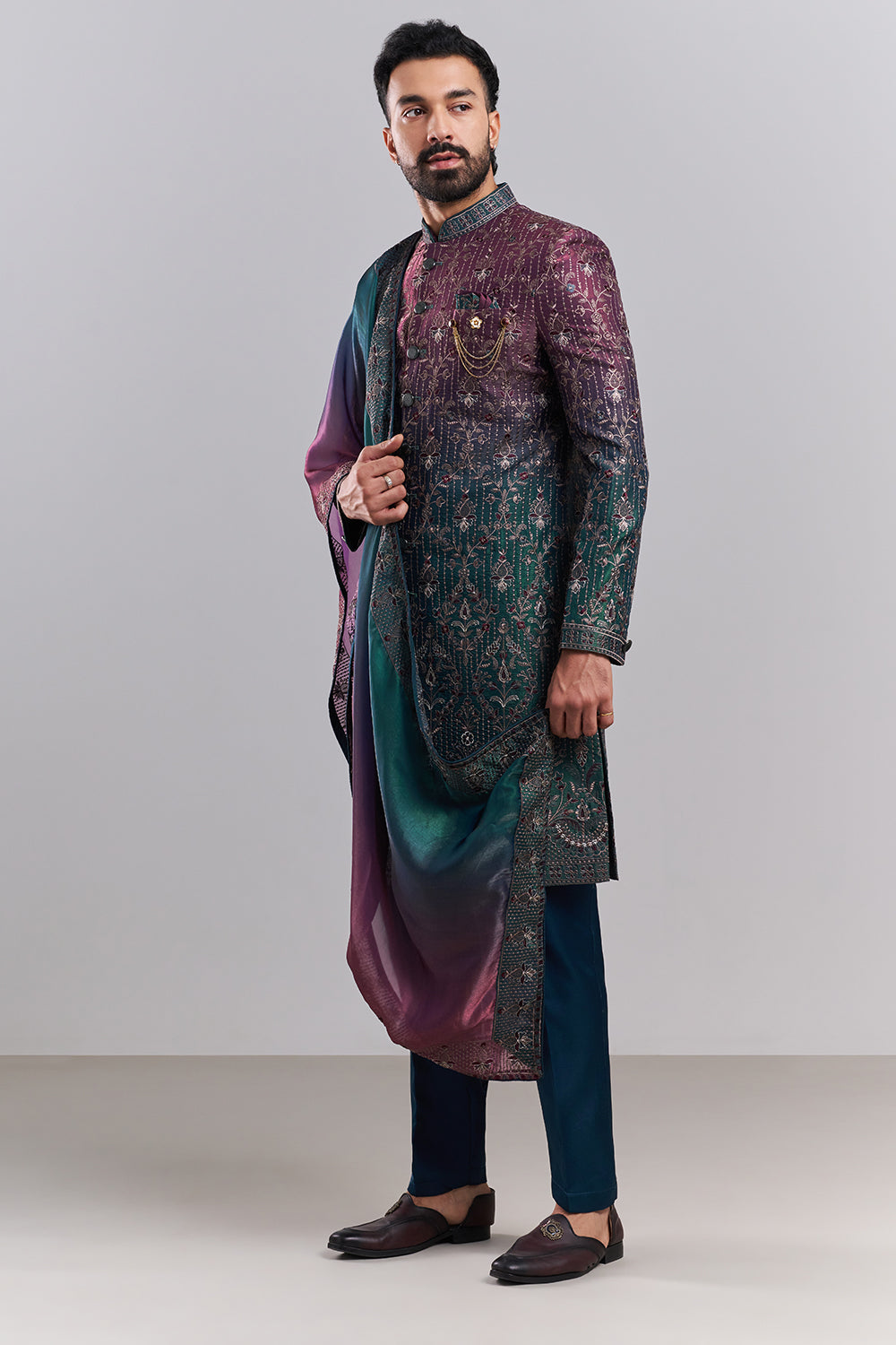 Ombré Green Tissue Silk Embroidered Sherwani