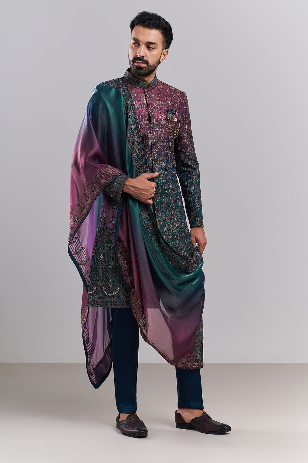 Ombré Green Tissue Silk Embroidered Sherwani