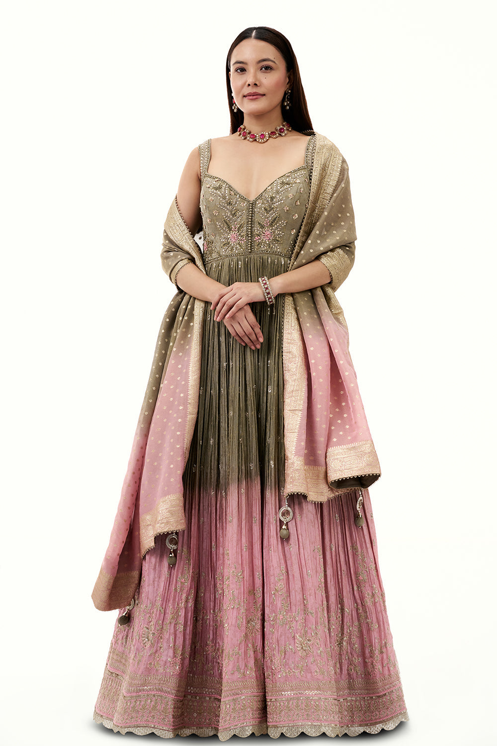 Ombre Grey and Pink Brocade Silk Anarkali Suit with Zari and Mirror Work