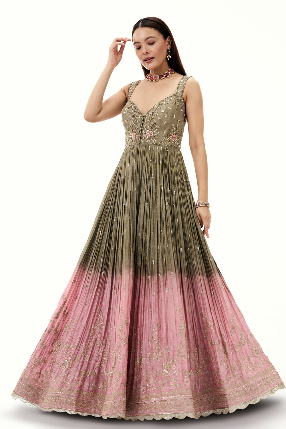 Ombre Grey and Pink Brocade Silk Anarkali Suit with Zari and Mirror Work
