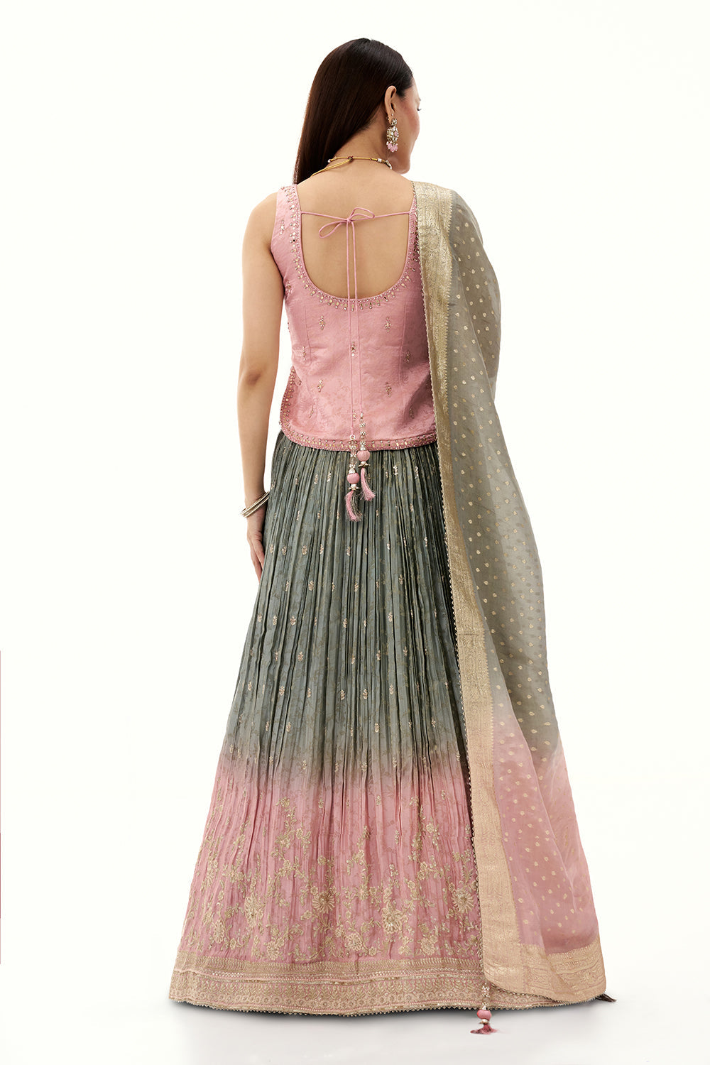 Ombre Grey and Pink Jacquard Lehenga with Mirror and Sequin Work
