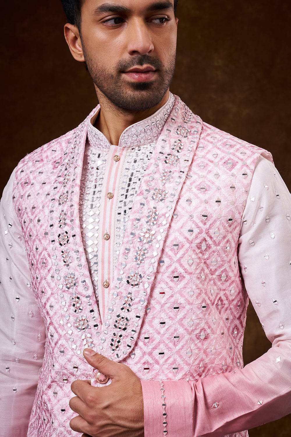 Ombré Peach Nokia Silk Men's Kurta Jacket Set with Mirror Work