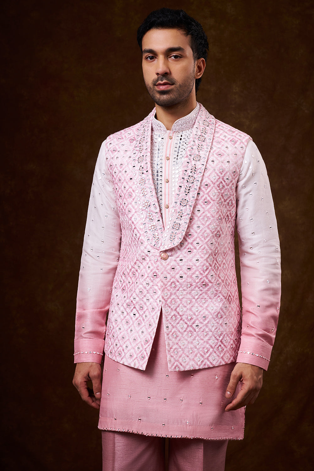 Ombré Peach Nokia Silk Men's Kurta Jacket Set with Mirror Work