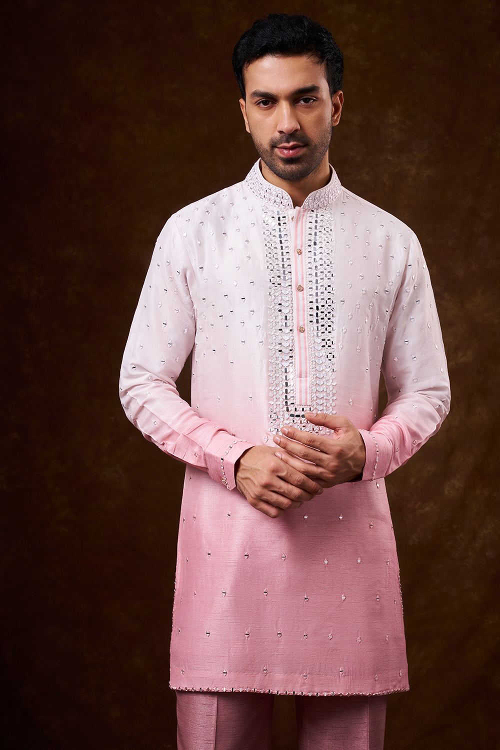 Ombré Peach Nokia Silk Men's Kurta Jacket Set with Mirror Work
