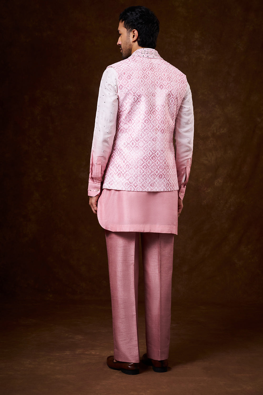 Ombré Peach Nokia Silk Men's Kurta Jacket Set with Mirror Work